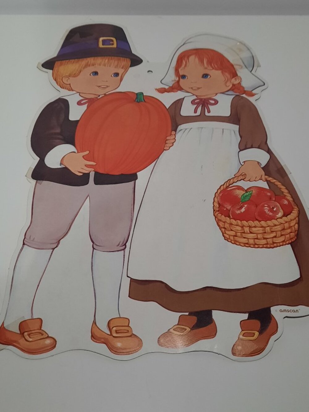 Vintage Amscan Thanksgiving Pilgrim Kids Pumpkin Apples Double Sided Die Cut